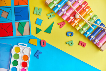 School supplies, stationery on blue background space for caption. Back to school concept. School,...