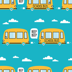 Yellow buses, hand drawn backdrop. Colorful seamless pattern with transport. Decorative cute wallpaper, good for printing. Overlapping colored background vector