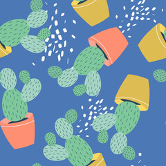 Potted cacti, hand drawn overlapping background. Decorative wallpaper, good for printing. Colorful seamless pattern with houseplants. Illustration vector, house plants in pots