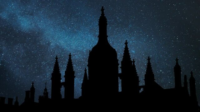 Research university in Cambridge: Time Lapse by Night with Stars and Milky Way in Background, UK