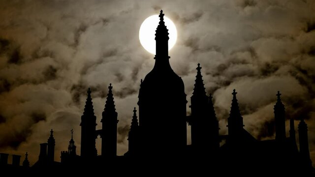 King's college in Cambridge University: Time Lapse by Night with Full Moon and Dark Atmosphere