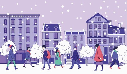 Naklejka na ściany i meble People in winter clothes are walking along the city street. Falling snow. Winter vector illustration.