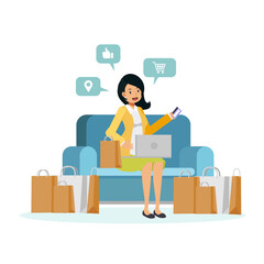 vector illustration of flat cartoon character woman sitting on sofa is enjoy shopping online. woman hold credit card on sofa surronding by shopping bag.