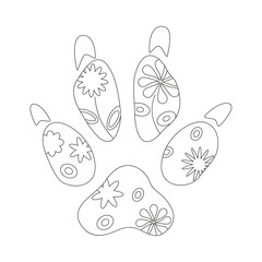 Dog paw prints with flowers.  Monochrome hand-draw vector illustration in Line Art. Isolated on white background. For coloring page, tattoo design, T-shirt printihg, postcards, stencil, pattern, web.