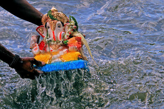 An idol of Lord Ganesha being immersed in water in Maharashtra at Ganesh Visarajan.
