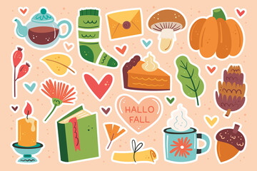 Hello fall. Autumn clip art, set of elements. Pumpkin pie, cup, tea, mushroom, sock, candle, book, flower, leaf, heart, letter. Sticker sheet.