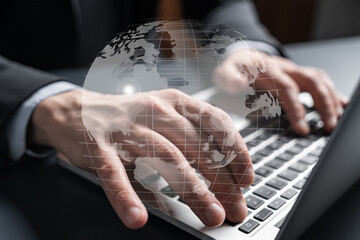 Businessman search for new opportunities, in international business, typing laptop background. World map hologram.