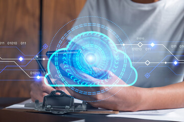Data cloud drawing and a woman signing contract use phone. Double exposure.