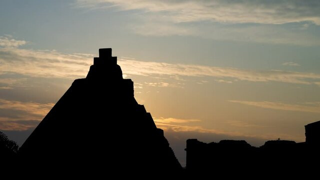 Pyramid of the Magician in Mayan City Uxmal, Time Lapse at Sunrise with Colorful Sky, Mexico