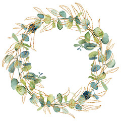 Wreath of watercolor and golden eucalyptus branches and leaves, hand drawn on a white background