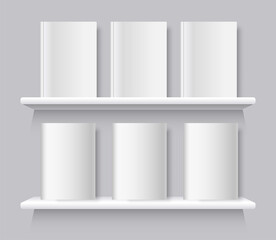 White books on bookshelf. Vector bookshelf wall with blank book front covers, brochure gallery shop shelves template