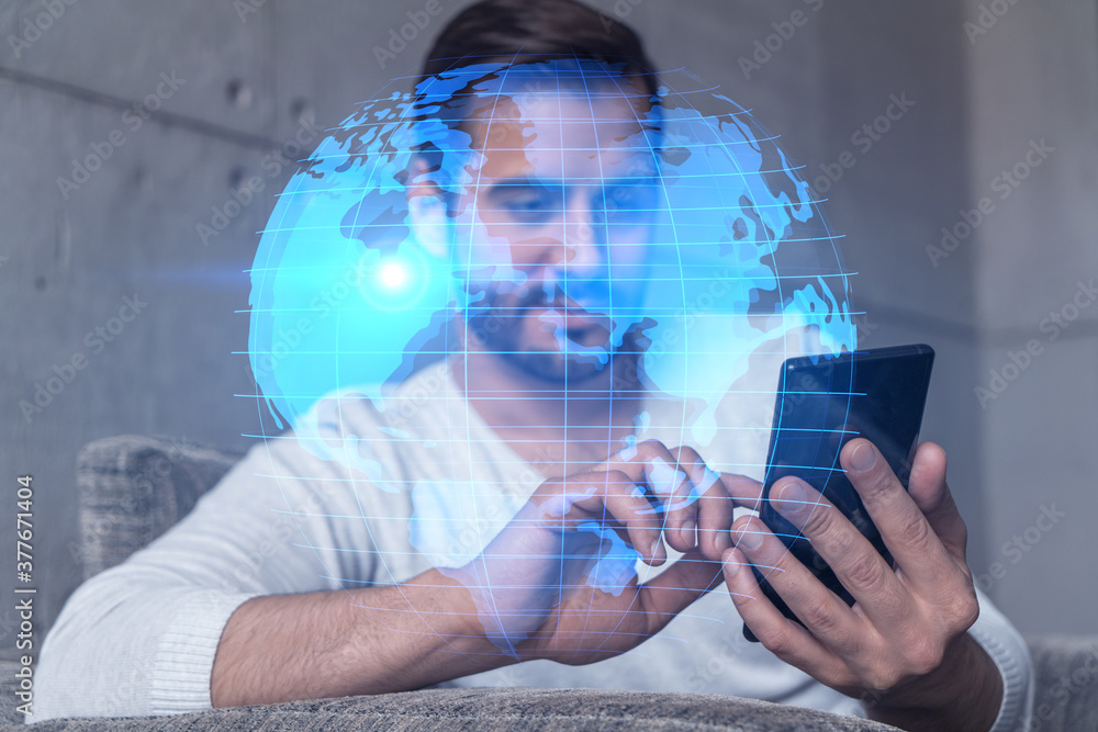 Poster double exposure of world map drawing hologram and a man searching information on phone in internet.