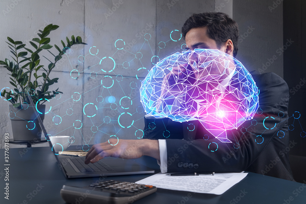 Poster businessman in office working with laptop technology ai typing computer assemble data drawing concep