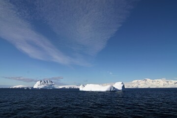 Large floating mass of ice detached from a glacier or ice sheet and carried out to the sea. Antarctic peninsula.South ocean.Antarctica.