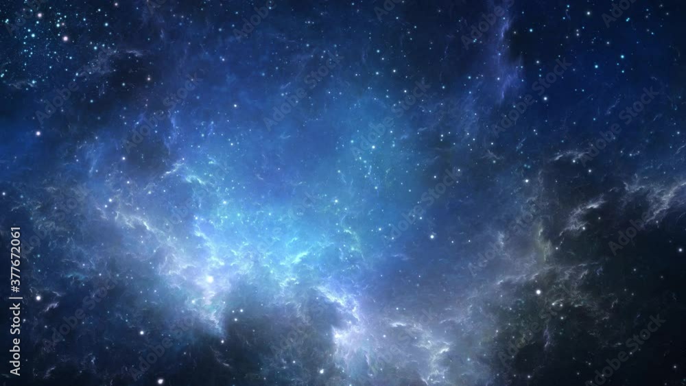 Wall mural camera flying through the clouds and star field in outer space.