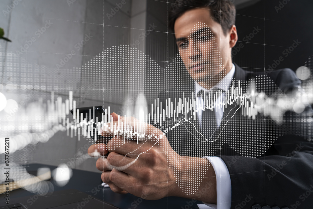 Poster trader in office working with smartphone, forex graph hologram to analyze market behavior, typing ph