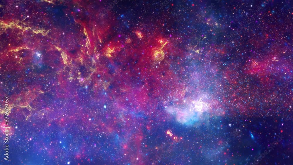 Wall mural camera flying through the clouds and star field in outer space.