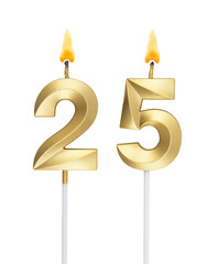 Burning golden birthday candles on white background, number 25	