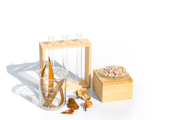 Chemicals for beauty care beautifully arranged in a white white background.