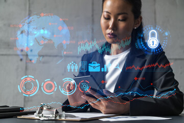 Businesswoman using phone, work in modern office on new project. Double exposure. Concept of success.