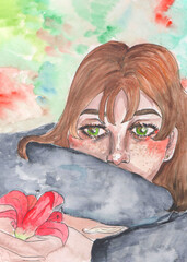 Watercolor portrait of young beautiful girl in warm scarf. Hand painted illustration.
