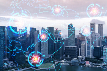 World planet Earth map hologram over panorama city view of Singapore, Asia. The concept of international connections and business. Multi Exposure.