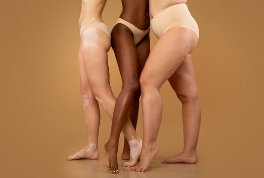 Tree Women With Different Race And Body Sizes Posing In Underwear, Cropped