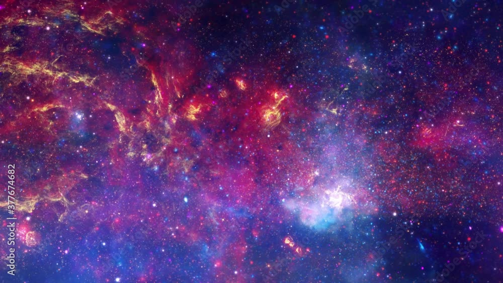 Wall mural camera flying through the clouds and star field in outer space.