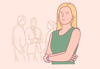Business, woman manager in office concept. Young happy smiling 
 successful businesswoman clerk cartoon character. Company leader boss looking at camera illustration.