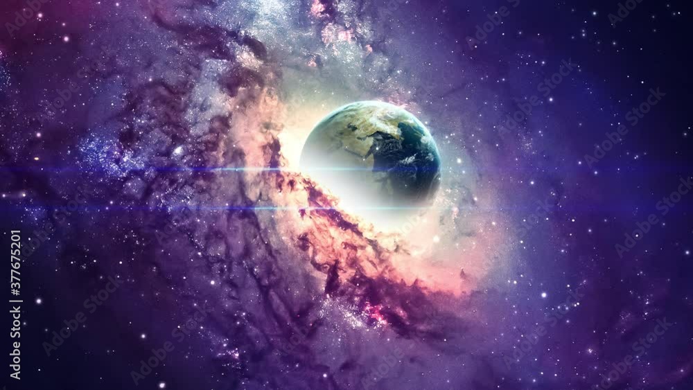 Wall mural camera flying through the clouds and star field in outer space.