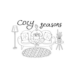 Cozy seasons. Cute young woman sitting on sofa and holding cup of tea. Cozy home interior. Linear hand drawn design for cards, posters, banners and seasonal designs