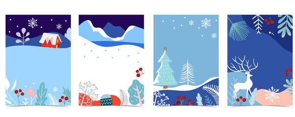 Collection of winter background set with tree,raindeer,flower,leaves.Editable vector illustration for christmas invitation,postcard and website banner