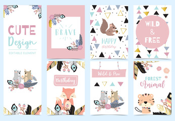 Geometry pink gold boho invitation card with rose,leaf,wreath,feather,tiger,squirrel and frame