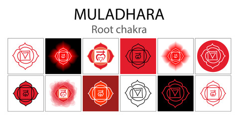 Muladhara icon set. The first root chakra. Vector red gloss and shine. One line symbol. Outline sacral sign collection. Meditation