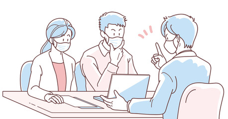 マスクを付けて商談する若い夫婦とビジネスマンのイラスト
