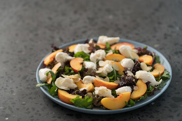 salad with nectarines, mozzarella and mixed greens in blue plate on concrete background with copy space