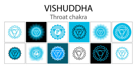 Vishuddha icon set. The fifth guttural chakra. Vector blue gloss and shine. One line symbol. Outline sacral sign collection. Meditation