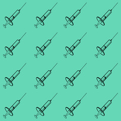 Pattern outline of a medical syringe on a green isolated background. Vector Doodle illustrations.