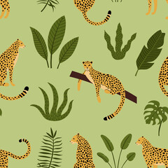 Hand drawn vector seamless pattern with leopards, palm trees and exotic plants on green background. Perfect for fabric, wallpaper or wrapping paper