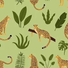 Foto op Plexiglas Hand getekende vector naadloze patroon met luipaarden, palmbomen en exotische planten op groene achtergrond. Perfect voor stof, behang of inpakpapier © anya