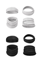 Seamless bandana, scarf on the neck, a bandage on the forehead. Front and back view. Sports accessories, headgear in black and white. 3d render of a clothing template.