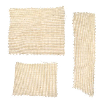 Square, Rectangular Long Pieces Of Canvas, Cut Burlap Fabric, Patch For Clothes, Dry Garbage, Scraps Of Fabric, Background For Text From Fabric Isolated On A White Background.