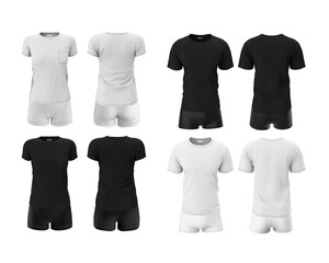 Mock up, black and white clothes templates. Set of sportswear for women and men. Shorts and t-shirt isolated on a white background. 3d realistic render.