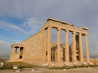 The Erectheion temple, in the ancient Acropolis, under the morning light, in Athens, Greece