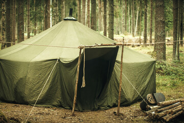 Military tent of the Finnish army during the war in the forest