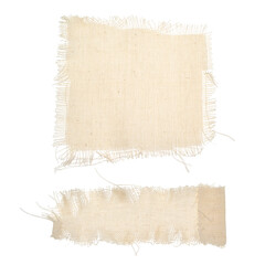 Square and rectangular pieces of torn fabric with an uneven edge. Canvas texture isolated on a...