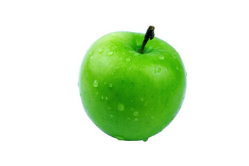 Fresh green apple and water drop on white background