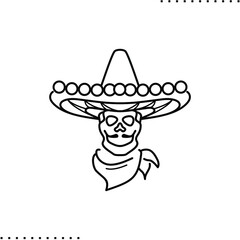 Day of Dead, Dia de Los Muertos fiesta, a skeleton in Mexican costume, Calavera skull  vector icon in outlines