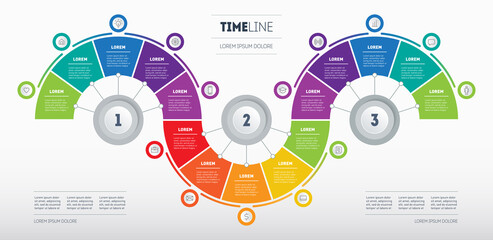 Business presentation concept with fifteen steps. Infographic consisting of 15 parts divided into 3 segments of 5 parts. Diagram of technological or education process. Vector illustration.