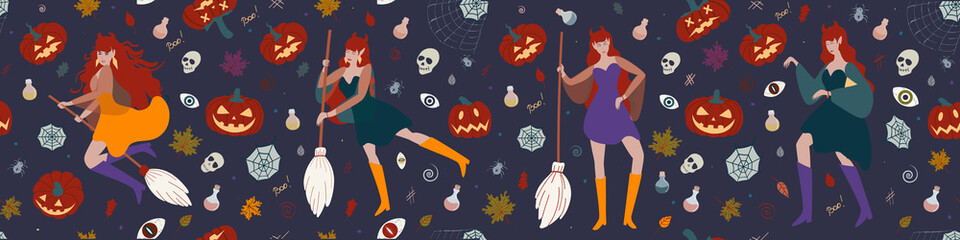 Banner with a witch, pumpkins, spiders. halloween